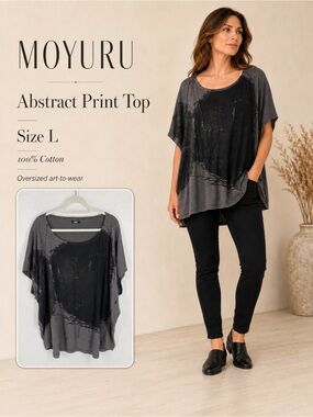 Moyuru Gray Black Abstract Print Oversized Cotton Tunic Top Size L